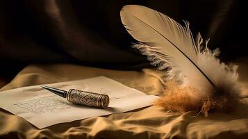 plume stylo et encrier sur une d'or feuille de papier. photo