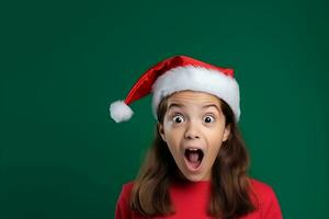 ai généré excité peu fille avec gros yeux dans Père Noël claus costume brillant vert Contexte photo