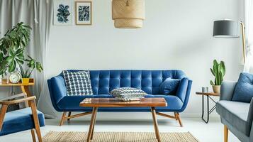 ai généré vivant pièce intérieur conception avec canapé minimal esthétique bleu velours 3d rendu photo