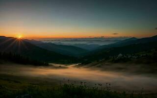 ai généré crépuscule embrasse une symphonie de couleurs plus de majestueux Montagne pics ai généré photo