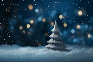ai généré bleu décoré Noël arbre sur en bois table et bleu flou Contexte. copie espace photo