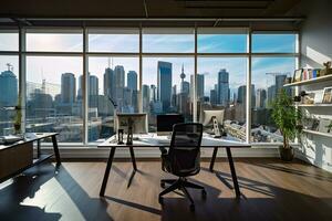 ai généré magnifique Contexte de une moderne Bureau intérieur avec panoramique les fenêtres photo