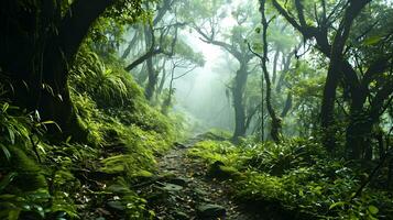 ai généré mystique brouillard parmi luxuriant tropical feuillage photo