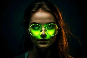 ai généré néon portrait de une fille avec lunettes. neural réseau ai généré photo