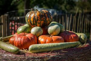 pile de petit citrouilles à le Les agriculteurs marché. photo