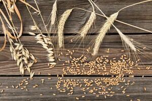 oreilles de blé sur vieux en bois table photo