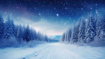 ai généré neigeux hiver route avec Noël lumières dans épicéa forêt photo
