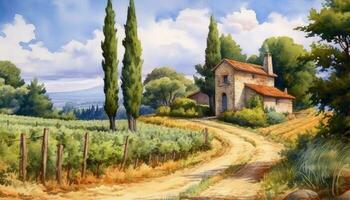 aquarelle paysage avec une vignoble et une maison photo