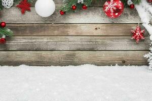 ai généré Noël en bois Contexte avec neige. joyeux Noël et Nouveau année bannière avec copie espace. pro photo