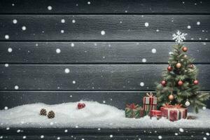 ai généré Noël en bois Contexte avec neige. joyeux Noël et Nouveau année bannière avec copie espace. pro photo