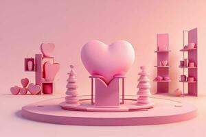 ai généré 3d le rendu podium pour produit afficher maquette, la Saint-Valentin journée l'amour forme Contexte. pro photo