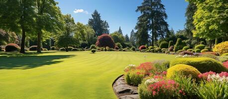 ai généré parc Extérieur manucuré pelouse et parterre de fleurs photo