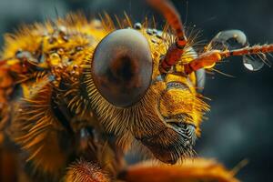 ai généré macro insecte majesté, couvert de rosée mouche détails photo