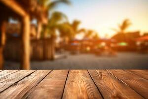 une photo de un vide en bois table avec une tiki plage bar flou Contexte génératif ai