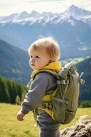 ai généré minuscule pionnier sucré des moments dans la nature avec de bébé sac à dos photo