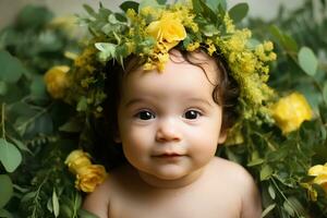 ai généré pétale Princesse sucré bébé orné dans une fleur Halo photo