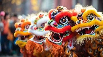 ai généré une groupe de chinois Lion danseurs effectuer dans une rue. dongzhi festival. génératif ai photo