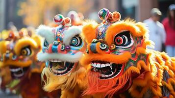 ai généré une groupe de chinois Lion danseurs effectuer dans une rue. dongzhi festival. génératif ai photo