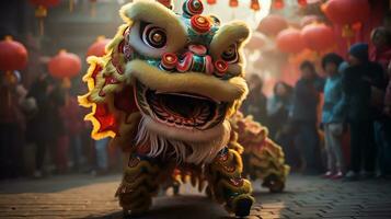 ai généré dragon ou Lion Danse spectacle barongsai dans fête chinois lunaire Nouveau année festival. génératif ai photo