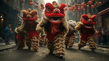 ai généré une groupe de chinois Lion danseurs effectuer dans une rue. dongzhi festival. génératif ai photo