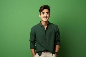 ai généré portrait de Jeune asiatique homme posant sur vert Contexte photo