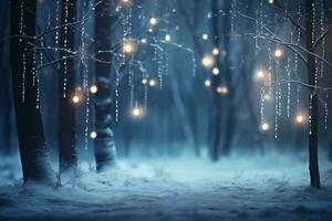 ai généré illuminé pin Noël arbre neigeux forêt nuit photo