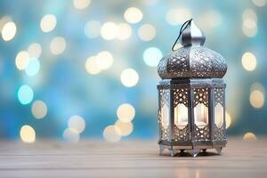 ai généré eid décoratif traditionnel les lampes sur bleu bokeh Contexte photo