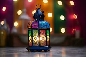 ai généré eid décoratif traditionnel les lampes sur coloré bokeh Contexte photo