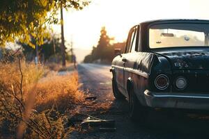 ai généré abandonné vieux voiture sur le route. rétro voiture à le coucher du soleil photo