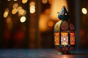 ai généré ornemental arabe lanterne embrasé sur table pour musulman saint mois Ramadan kareem photo