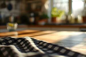 ai généré vide en bois table et flou Contexte de cuisine dans le Matin lumière photo