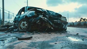 ai généré abandonné voiture sur le route après une voiture accident. conceptuel image photo