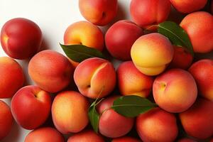 ai généré Stock photo de pêche fruit dans le cuisine table professionnel La publicité nourriture la photographie