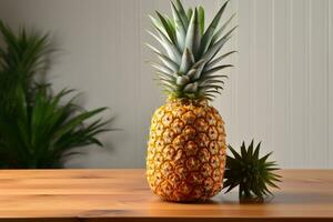 ai généré Stock photo de ananas fruit dans le cuisine table professionnel La publicité nourriture la photographie