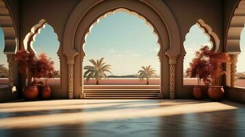 ai généré podium Contexte dans Ramadan vacances minimalisme style . Oriental arabe conception avec nuances de pastel couleurs. photo