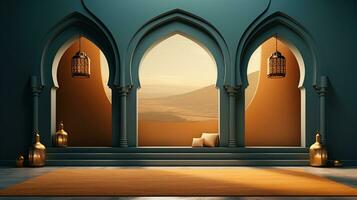 ai généré podium Contexte dans Ramadan vacances minimalisme style . Oriental arabe conception avec nuances de pastel couleurs. photo