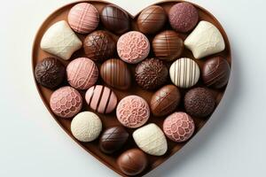 ai généré divers cœur en forme de assortiment des chocolats prêt à être servi professionnel La publicité nourriture la photographie photo