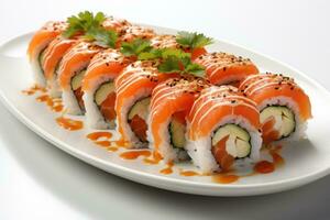 ai généré Sushi Japonais nourriture isolé dans cuisine table professionnel La publicité nourriture la photographie photo