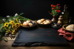 ai généré photo de nourriture Ingrédients avec une cuisine table Contexte professionnel La publicité nourriture la photographie