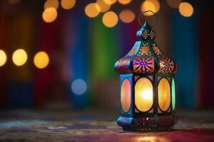 ai généré eid décoratif traditionnel les lampes sur coloré bokeh Contexte photo