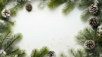 ai généré Noël composition de sapin arbre branches avec babioles et cadeaux sur blanc Contexte photo