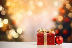 ai généré Noël cadeau boîte sur bokeh Contexte photo