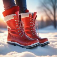 ai généré rouge bottes sur neige à l'extérieur allumé par le le coucher du soleil. ai génératif photo