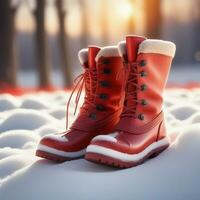 ai généré rouge bottes sur neige à l'extérieur allumé par le le coucher du soleil. ai génératif photo