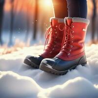 ai généré rouge bottes sur neige à l'extérieur allumé par le le coucher du soleil. ai génératif photo