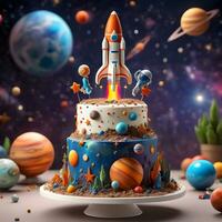 ai généré imaginer une anniversaire gâteau conçu comme une vibrant et espiègle espace scène produire détails à propos fusée. ai génératif photo