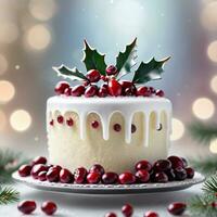 ai généré une Facile blanc gâteau orné avec en cascade sucré canneberges, houx feuilles, et une saupoudrage de comestible argent ou perle miroiter. ai génératif photo