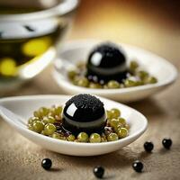 ai généré apéritif, liquide olive sphères avec balsamique caviar. ai génératif photo