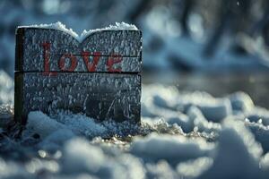 ai généré l'amour une inscription sur neige et gel sur glacial hiver journée photo