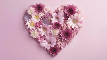 ai généré cœur forme fabriqué de rose fleurs contre pastel rose Contexte photo